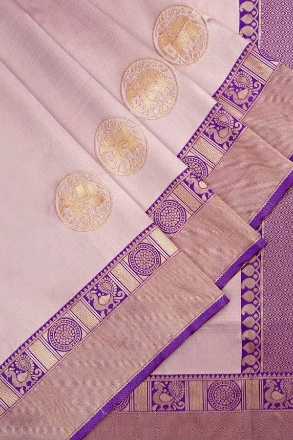 Blush Pink Banarasi Soft Silk Saree with Contrast Purple Zari Border and Pallu  in Surat