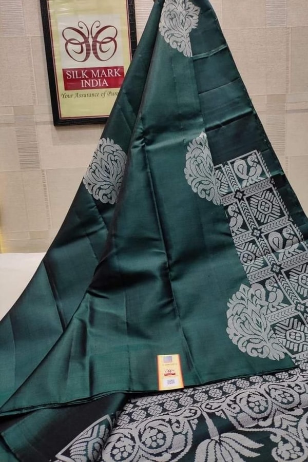 Bold Silver Zari Floral Medallion Banarasi Soft Silk Saree in Seven Rich Shades  in Surat