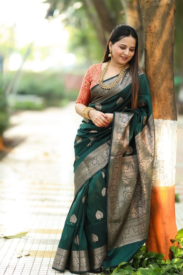 Bottle Green Banarasi Soft Silk Saree with Antique Silver Zari Buttas and Rich Woven Pallu  in Surat