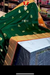 Bottle Green Banarasi Soft Silk Saree with Contrast Orange Border and Checked Orange Pallu  in Surat