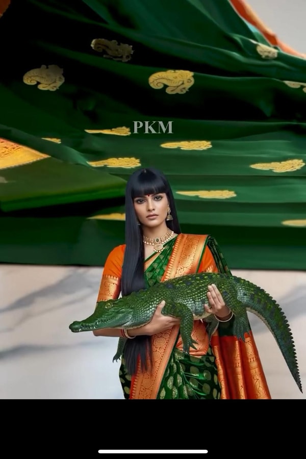 Bottle Green Banarasi Soft Silk Saree with Contrast Orange Border and Checked Orange Pallu  in Surat