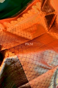 Bottle Green Banarasi Soft Silk Saree with Contrast Orange Border and Checked Orange Pallu  in Surat