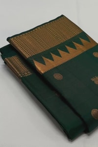 Bottle Green Banarasi Soft Silk Saree with Copper Zari Buttas and Temple Spike Border  in Surat