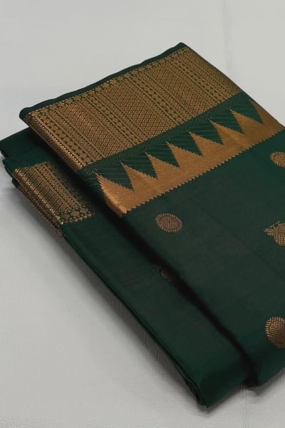 Bottle Green Banarasi Soft Silk Saree with Copper Zari Buttas and Temple Spike Border in Surat