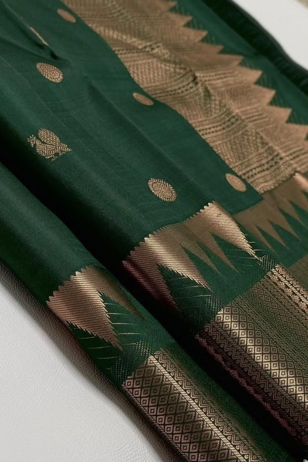 Bottle Green Banarasi Soft Silk Saree with Copper Zari Buttas and Temple Spike Border  in Surat