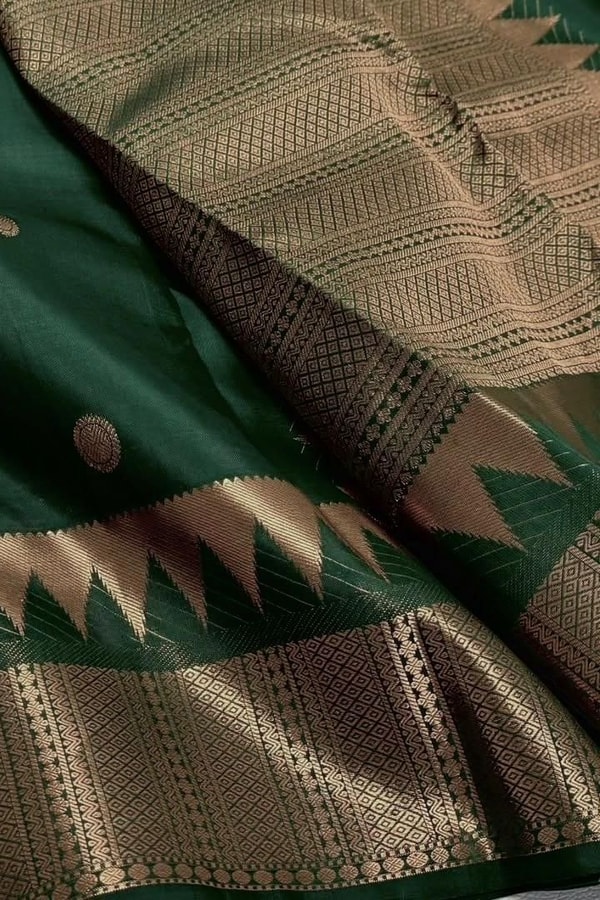 Bottle Green Banarasi Soft Silk Saree with Copper Zari Buttas and Temple Spike Border  in Surat