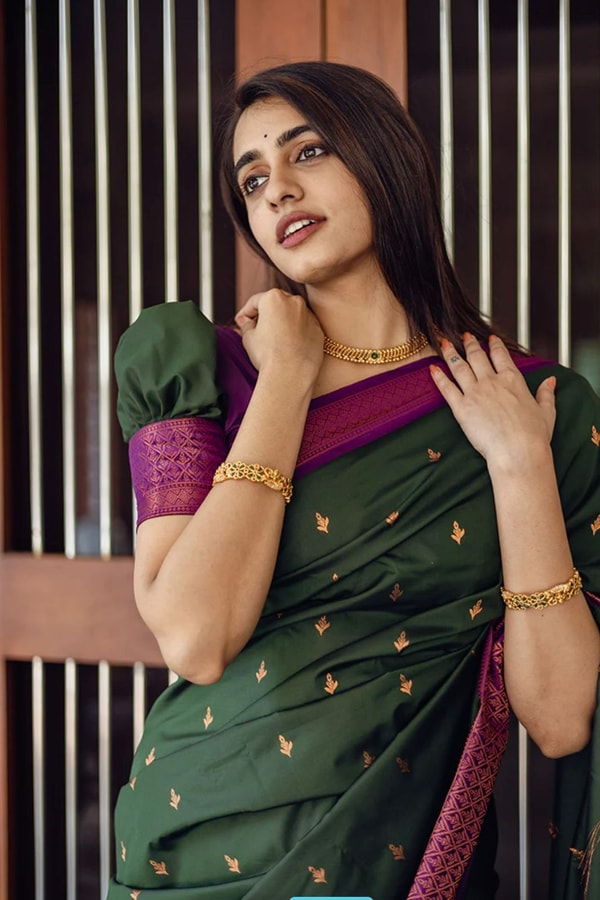 Bottle Green Banarasi Soft Silk Saree with Copper Zari Buttis and Contrast Purple Pallu  in Surat