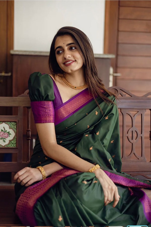 Bottle Green Banarasi Soft Silk Saree with Copper Zari Buttis and Contrast Purple Pallu  in Surat