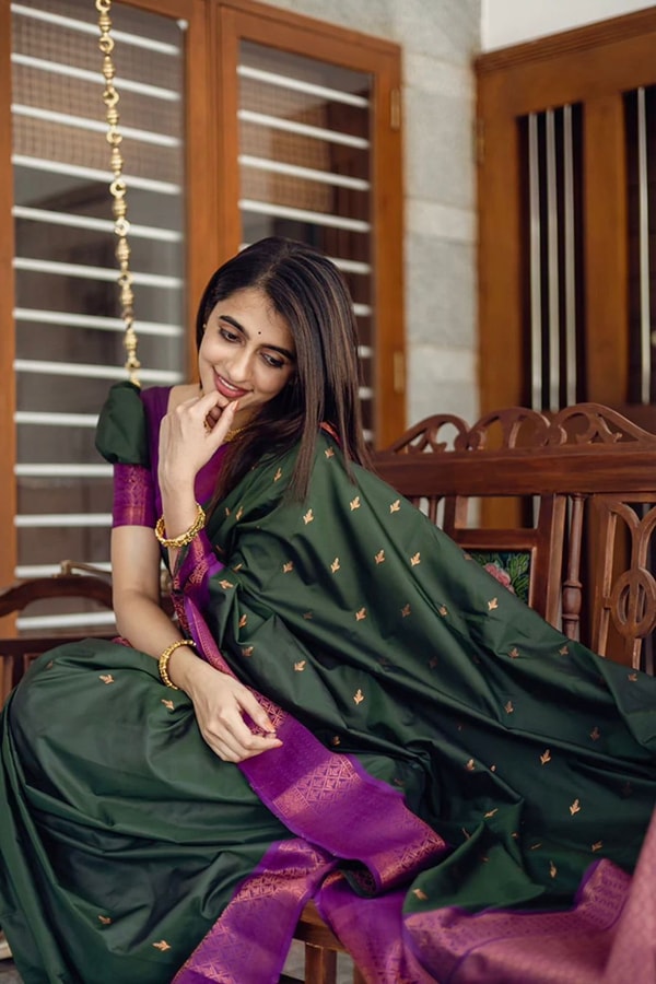 Bottle Green Banarasi Soft Silk Saree with Copper Zari Buttis and Contrast Purple Pallu  in Surat