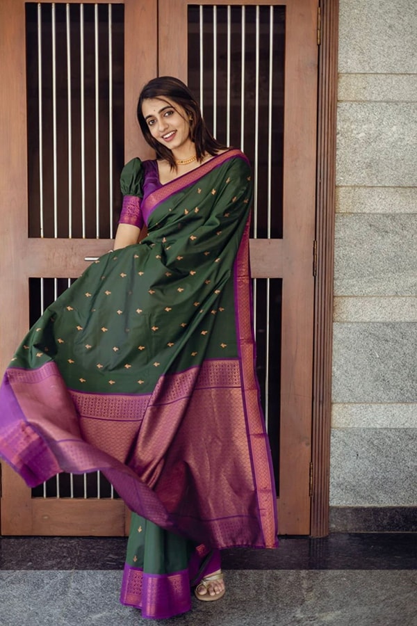 Bottle Green Banarasi Soft Silk Saree with Copper Zari Buttis and Contrast Purple Pallu  in Surat