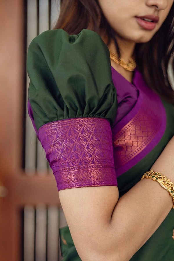 Bottle Green Banarasi Soft Silk Saree with Copper Zari Buttis and Contrast Purple Pallu  in Surat