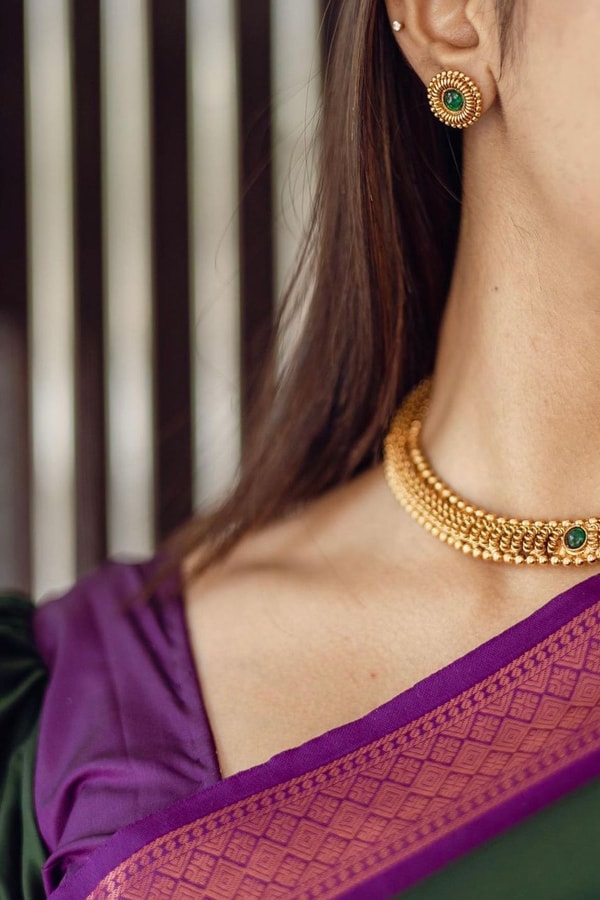 Bottle Green Banarasi Soft Silk Saree with Copper Zari Buttis and Contrast Purple Pallu  in Surat