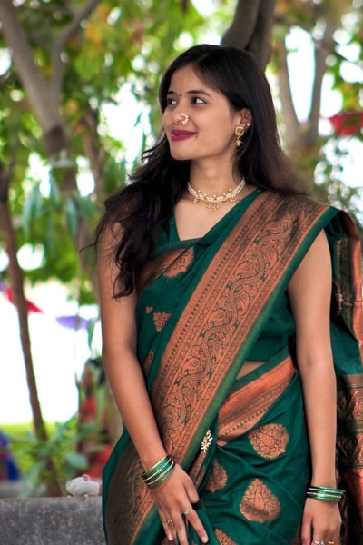Bottle Green Banarasi Soft Silk Saree with Copper Zari Motifs and Wide Copper Border in Surat