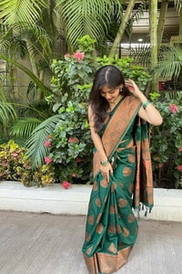 Bottle Green Banarasi Soft Silk Saree with Copper Zari Motifs and Wide Copper Border  in Surat