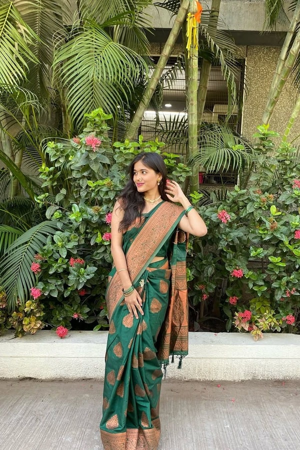 Bottle Green Banarasi Soft Silk Saree with Copper Zari Motifs and Wide Copper Border  in Surat