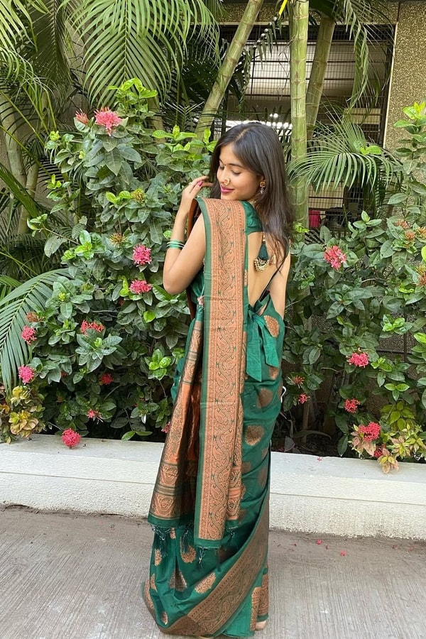 Bottle Green Banarasi Soft Silk Saree with Copper Zari Motifs and Wide Copper Border  in Surat
