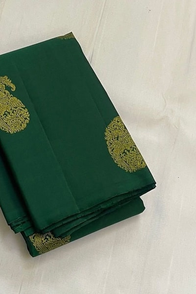 Bottle Green Banarasi Soft Silk Saree with Gold Mango Buttas and Zari Woven Pallu in Surat