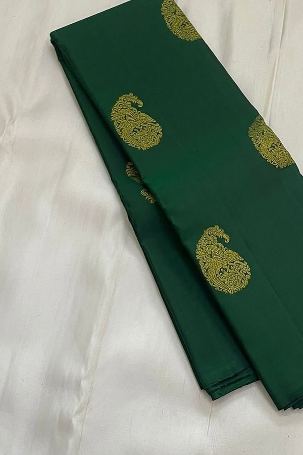 Bottle Green Banarasi Soft Silk Saree with Gold Mango Buttas and Zari Woven Pallu  in Surat