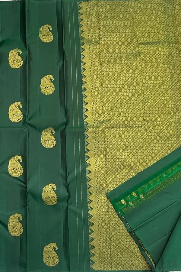Bottle Green Banarasi Soft Silk Saree with Gold Mango Buttas and Zari Woven Pallu  in Surat