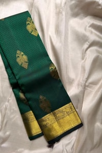 Bottle Green Banarasi Soft Silk Saree with Gold Zari Buttas and Broad Gold Border  in Surat