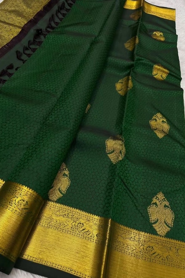 Bottle Green Banarasi Soft Silk Saree with Gold Zari Buttas and Broad Gold Border  in Surat