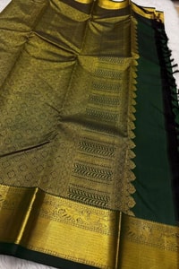 Bottle Green Banarasi Soft Silk Saree with Gold Zari Buttas and Broad Gold Border  in Surat