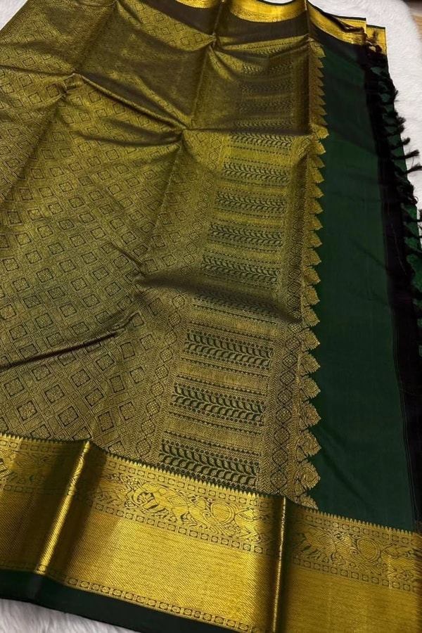 Bottle Green Banarasi Soft Silk Saree with Gold Zari Buttas and Broad Gold Border  in Surat