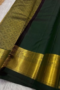 Bottle Green Banarasi Soft Silk Saree with Gold Zari Buttas and Broad Gold Border  in Surat