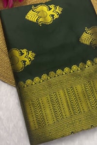 Bottle Green Banarasi Soft Silk Saree with Gold Zari Buttas and Broad Gold Border  in Surat video 1