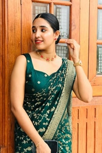 Bottle Green Banarasi Soft Silk Saree with Gold Zari Buttis and Wide Gold Zari Border  in Surat