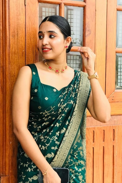Bottle Green Banarasi Soft Silk Saree with Gold Zari Buttis and Wide Gold Zari Border in Surat