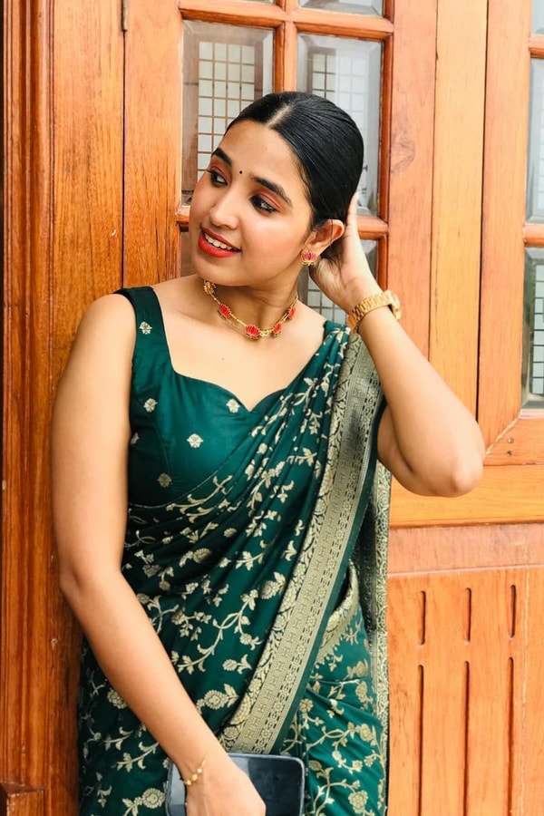Bottle Green Banarasi Soft Silk Saree with Gold Zari Buttis and Wide Gold Zari Border  in Surat
