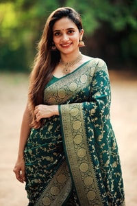 Bottle Green Banarasi Soft Silk Saree with Gold Zari Buttis and Wide Gold Zari Border  in Surat