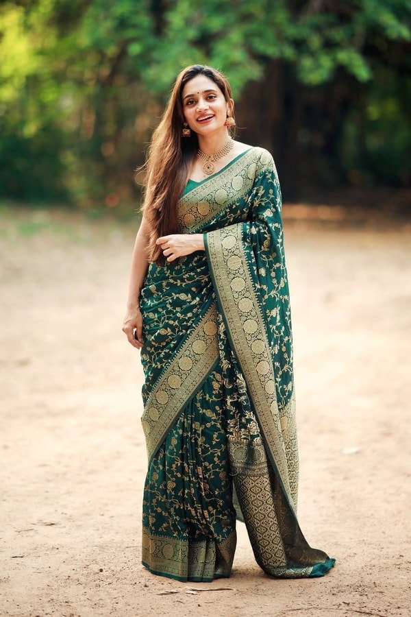 Bottle Green Banarasi Soft Silk Saree with Gold Zari Buttis and Wide Gold Zari Border  in Surat