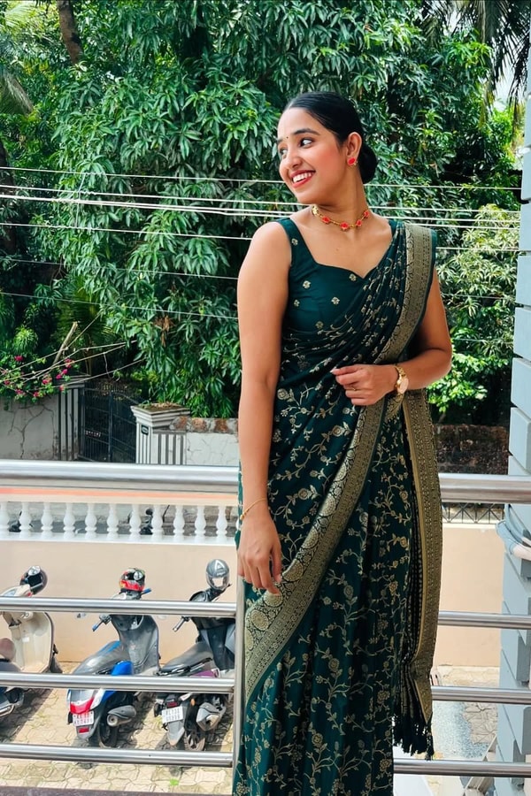 Bottle Green Banarasi Soft Silk Saree with Gold Zari Buttis and Wide Gold Zari Border  in Surat