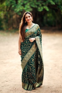 Bottle Green Banarasi Soft Silk Saree with Gold Zari Buttis and Wide Gold Zari Border  in Surat