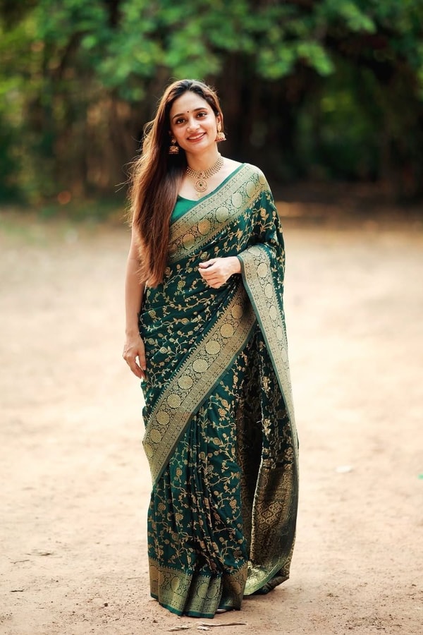 Bottle Green Banarasi Soft Silk Saree with Gold Zari Buttis and Wide Gold Zari Border  in Surat