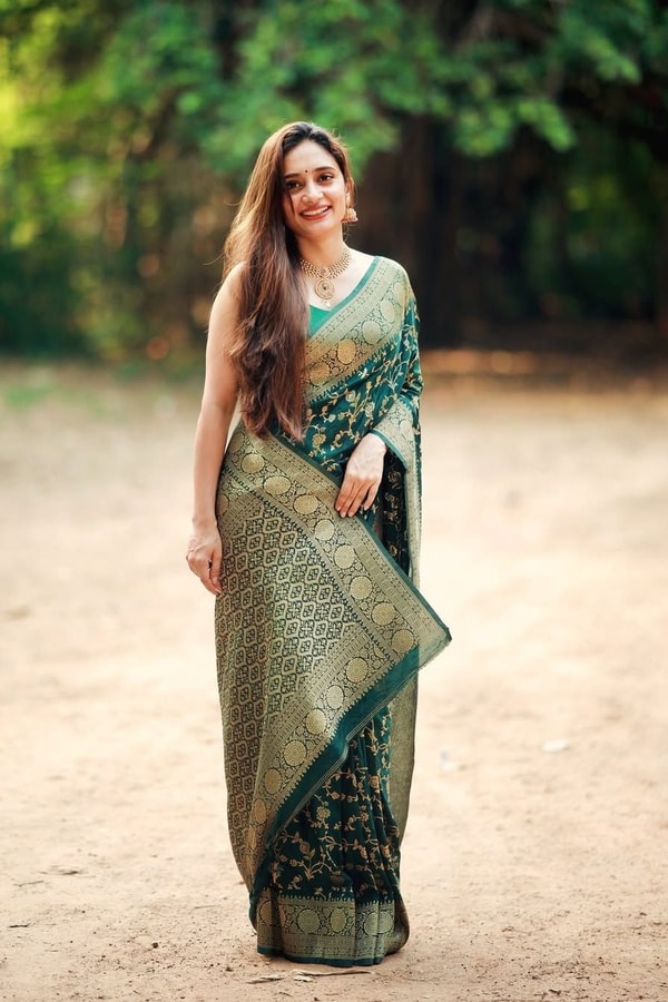 Bottle Green Banarasi Soft Silk Saree with Gold Zari Buttis and Wide Gold Zari Border  in Surat
