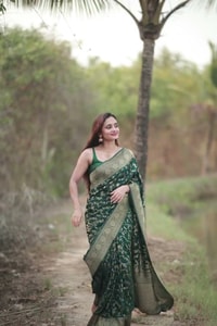 Bottle Green Banarasi Soft Silk Saree with Gold Zari Buttis and Wide Gold Zari Border  in Surat video 1