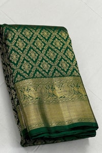 Bottle Green Banarasi Soft Silk Saree with Gold Zari Diamond Jaal and Temple Border  in Surat