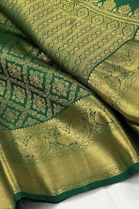 Bottle Green Banarasi Soft Silk Saree with Gold Zari Diamond Jaal and Temple Border  in Surat