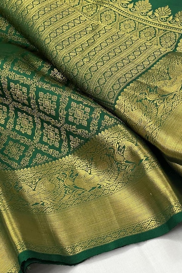 Bottle Green Banarasi Soft Silk Saree with Gold Zari Diamond Jaal and Temple Border  in Surat