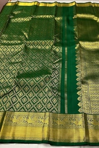 Bottle Green Banarasi Soft Silk Saree with Gold Zari Diamond Jaal and Temple Border  in Surat