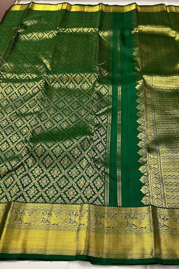 Bottle Green Banarasi Soft Silk Saree with Gold Zari Diamond Jaal and Temple Border  in Surat