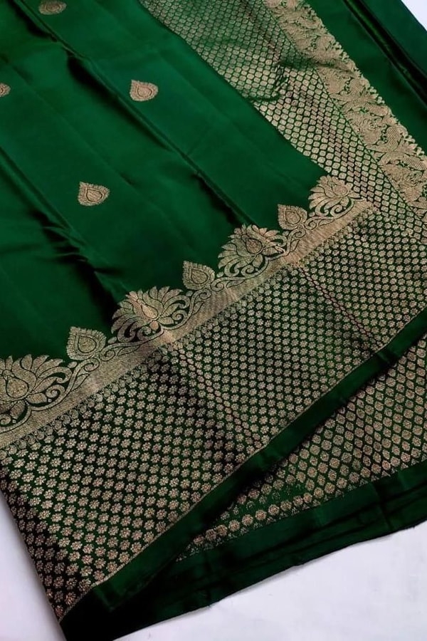 Bottle Green Banarasi Soft Silk Saree with Heavy Gold Zari Brocade Border and Pallu  in Surat