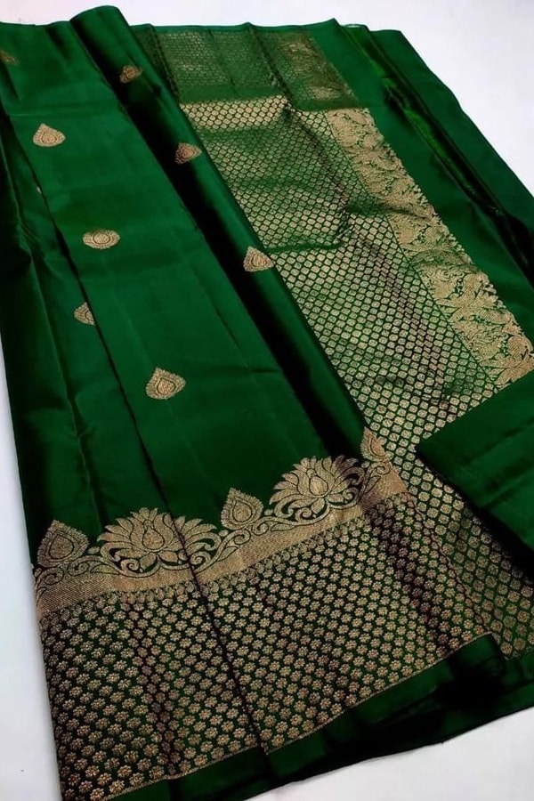 Bottle Green Banarasi Soft Silk Saree with Heavy Gold Zari Brocade Border and Pallu  in Surat