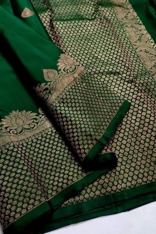 Bottle Green Banarasi Soft Silk Saree with Heavy Gold Zari Brocade Border and Pallu  in Surat