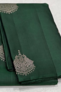 Bottle Green Banarasi Soft Silk Saree with Large Silver Zari Buttas and Brocade Pallu  in Surat