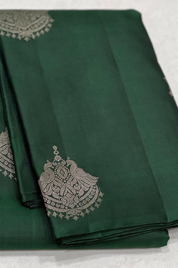 Bottle Green Banarasi Soft Silk Saree with Large Silver Zari Buttas and Brocade Pallu  in Surat