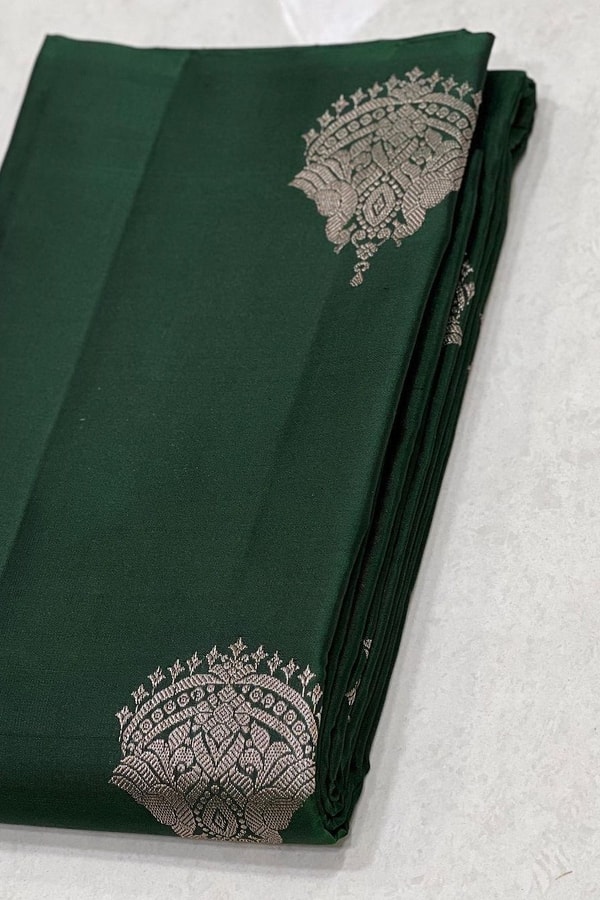 Bottle Green Banarasi Soft Silk Saree with Large Silver Zari Buttas and Brocade Pallu  in Surat